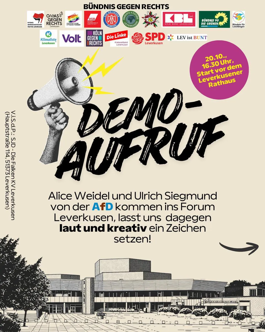 Plakat „Demo-Aufruf“ des Bündnisses gegen Rechts: ein Megafon, die Logos der aufrufenden Gruppen und eine Zeichnung des Forums Leverkusen.